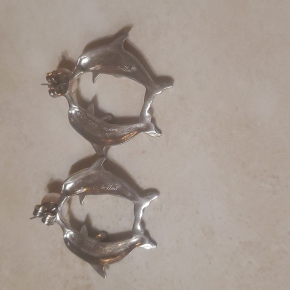 Chunky Pewter Dolphin Earrings Signed Maurice Milleur 1994 - Picture 2 of 3
